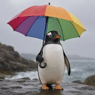 A penguin holding a colorful umbrella