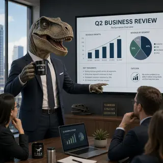 A dinosaur in a business suit giving a PowerPoint presentati
