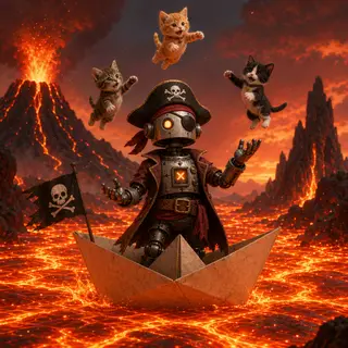 A robot dressed as a pirate sailing a paper boat on a lake o