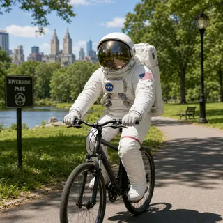 An astronaut in a spacesuit riding a bicycle through a park