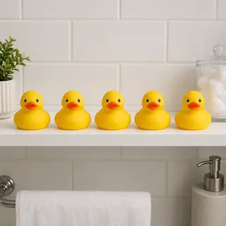 Exactly 5 yellow rubber ducks sitting in a row on a bathroom