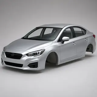 A car body with windows, doors, and headlights but no wheels