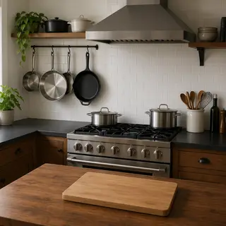 A kitchen with pots, pans, a stove, and a cutting board but 