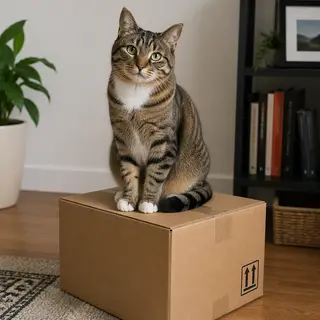 A cat sitting on top of a cardboard box