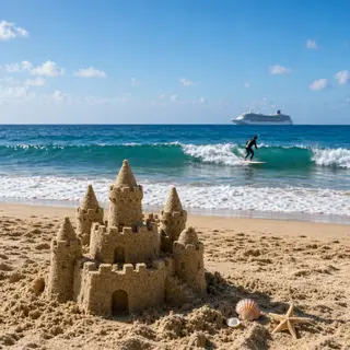 A beach scene with a sandcastle in the foreground, a surfer 