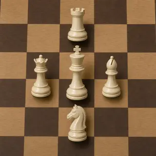 Five chess pieces on a board: a king in the center, a queen 