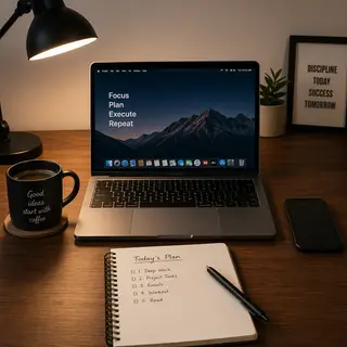 A desk scene: laptop in the center, coffee mug to the left, 
