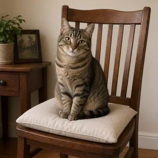 A cat sitting on a pillow, the pillow placed on a wooden cha