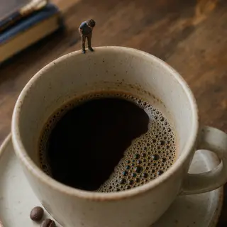 A tiny person standing on the rim of a coffee cup, looking d