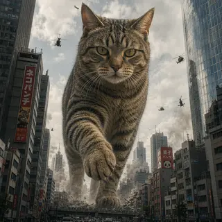 A giant tabby cat walking between city skyscrapers like a ka