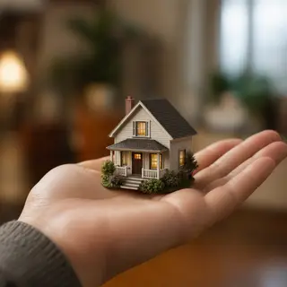 A miniature house sitting on the palm of someone's hand