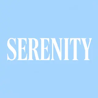 The word 'SERENITY' written large and centered on a solid li