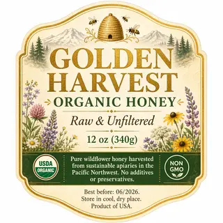 A product label for 'GOLDEN HARVEST ORGANIC HONEY' with subt