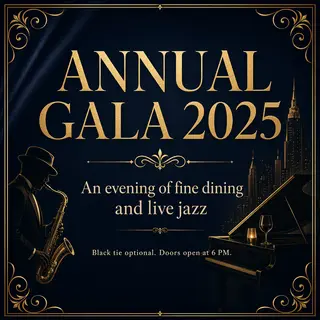 An event banner with headline 'ANNUAL GALA 2025' at the top 