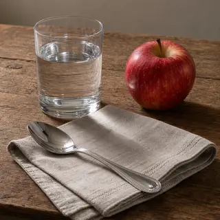 A still life on a wooden table featuring a clear glass of wa