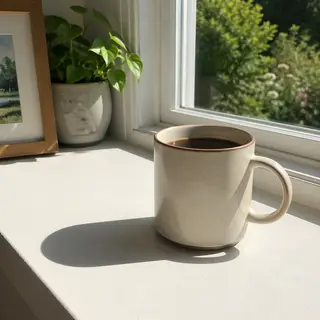 A coffee mug on a sunny windowsill casting a sharp shadow to