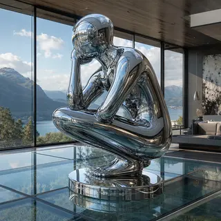 A chrome sculpture in a room with a glass floor and large wi