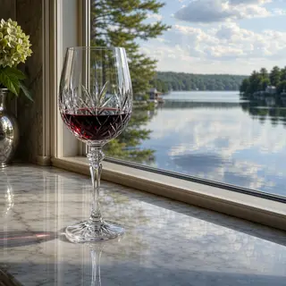 A crystal wine glass on a polished marble counter next to a 