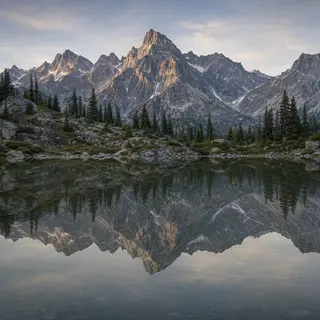 A mountain range reflected in a still alpine lake, with the 