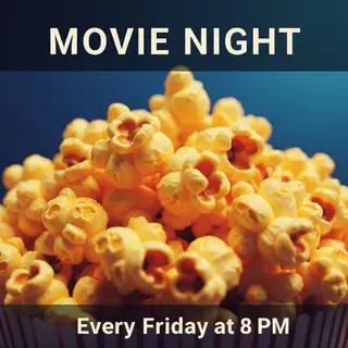 A movie night poster with a large popcorn image in the cente