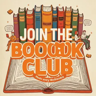 A book club poster with an open book illustration, the title