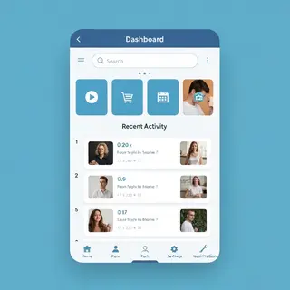 A mobile app UI mockup showing a dashboard with a top naviga