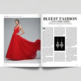 A fashion magazine spread with a full-bleed left-page photo,