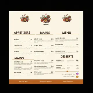 A restaurant menu layout with a logo header, three category 