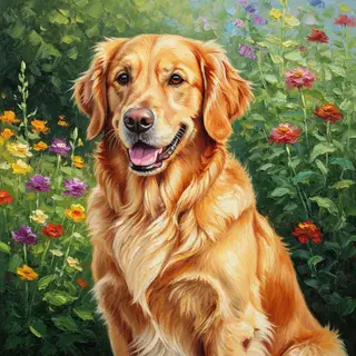 A golden retriever sitting in a garden, painted in the style