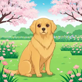 A golden retriever sitting in a garden, rendered in Japanese