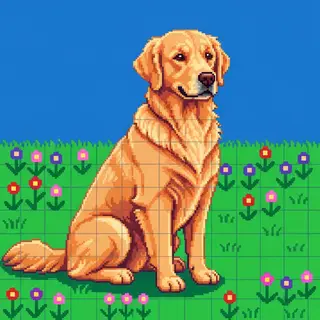 A golden retriever sitting in a garden, rendered in pixel ar
