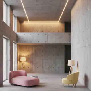 An interior scene rendered in soft brutalism — raw concrete 