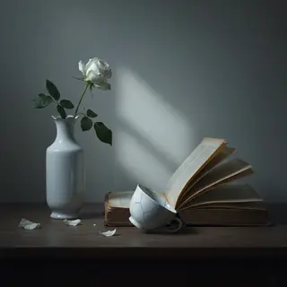 A still life painted in anxious minimalism — sparse composit