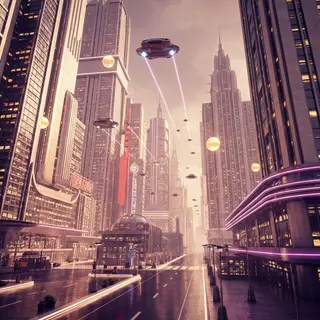 A cityscape rendered in nostalgic futurism — retro-futuristi