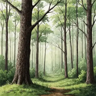 A forest rendered in photorealistic watercolor — the detail 