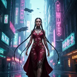 A woman in a futuristic city rendered in cyberpunk Art Nouve