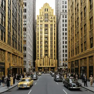 A city street scene in the style of Art Deco — geometric sha