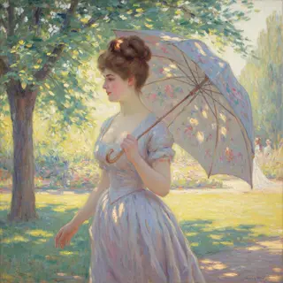 A woman with a parasol in the style of Impressionism — soft 
