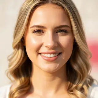 A close-up portrait of a young woman with a warm natural smi
