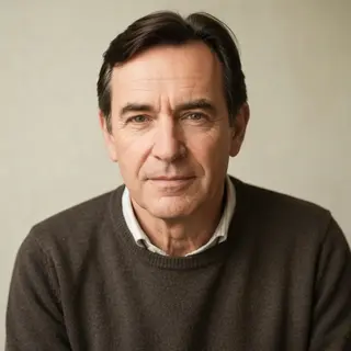 A portrait of a middle-aged man with a calm, serious express