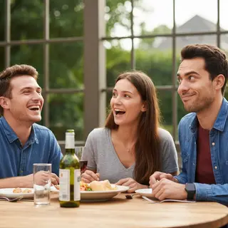 A group of three friends at a table: one laughing with head 