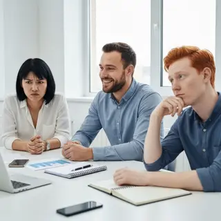 Three coworkers in a meeting: one looking frustrated with fu