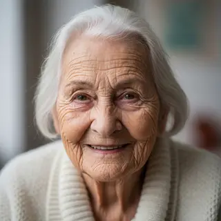 An elderly woman in her 80s with deep wrinkles and white hai