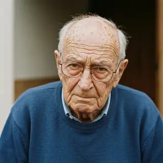 An elderly man in his 70s with age spots and thinning gray h