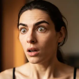 A portrait capturing genuine surprise — raised eyebrows, wid