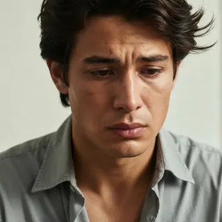 A face showing quiet melancholy — downcast eyes, slightly dr