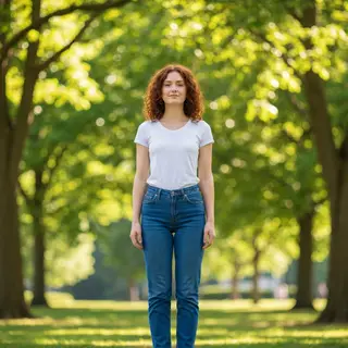 A woman standing upright in a relaxed pose, arms at her side