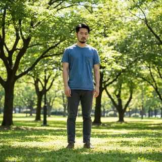A person standing in a neutral pose in a park, full body vis