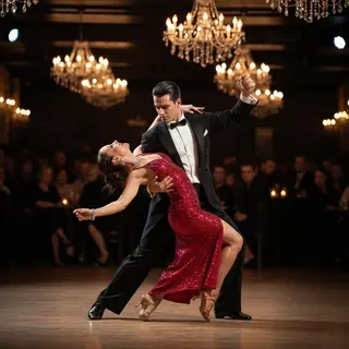 Two tango dancers in a close embrace, the man dipping the wo