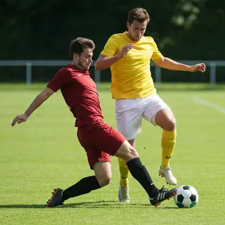 Two soccer players mid-tackle, one sliding and the other jum